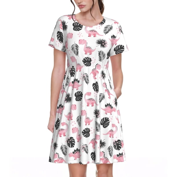 Balery Cute Dinosaur Vestidos sueltos de manga corta para mujer, vestidos de verano 2025, vestidos casuales de corte A con vuelo.