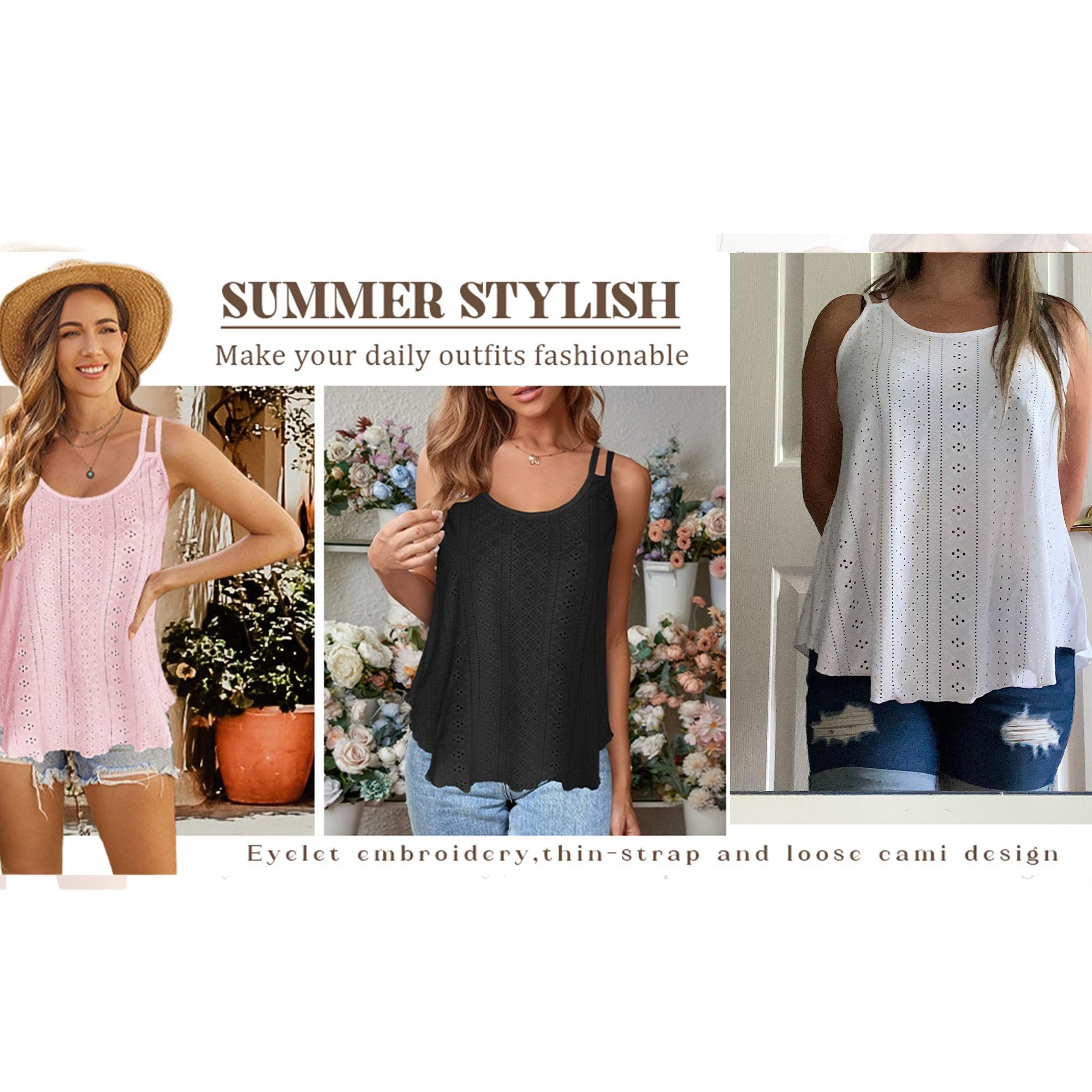UVN Spaghetti Strap Tank Tops for Women Summer Sleeveless Tops Eyelet Embroidery Flowy Shirts Scoop Neck Loose Cami