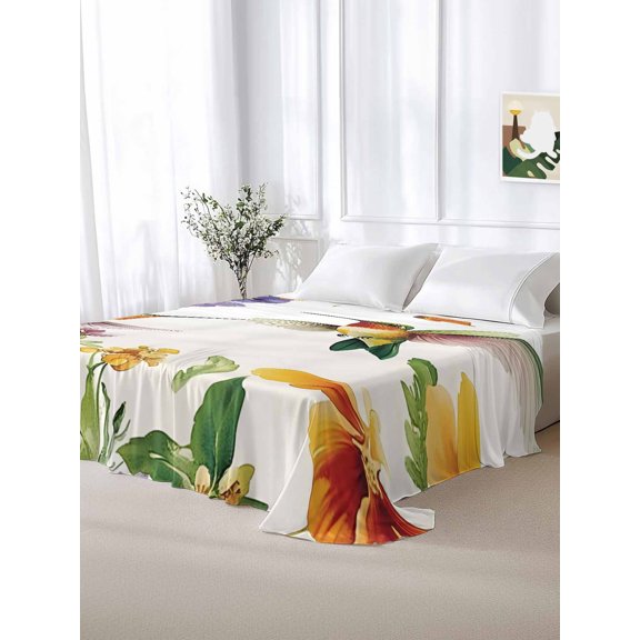 California King Size Flat Sheet Only,Spring Flower Bird Hummingbird Soft Top Bed Sheets Breathable Bedding Sheet Watercolor Floral on White Microfiber Hotel Luxury Top Sheets