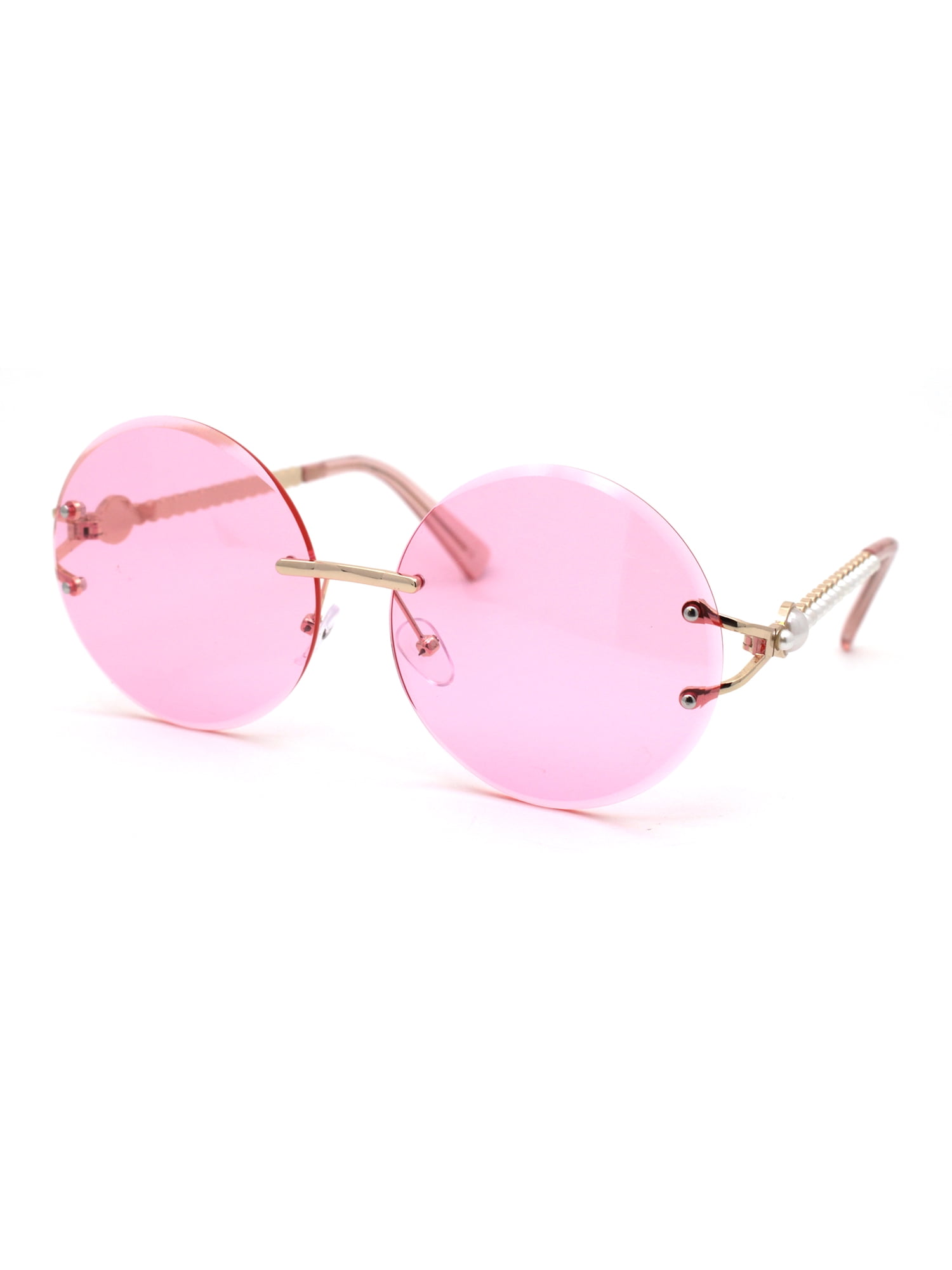 Womens Pearl Trim Arm Round Rimless Circle Lens Sunglasses Gold