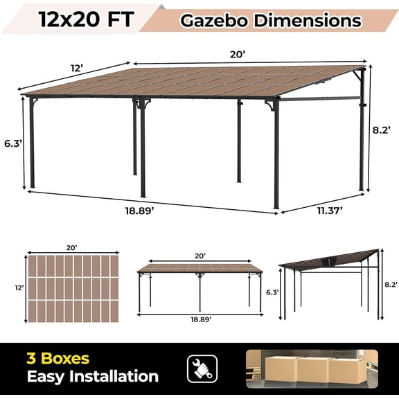 Acekid Wall-Mounted Hardtop Gazebo, Lean-to Pergola with Polycarbonate Roof & Aluminum Frame, UV Blocking Outdoor Pavilion
