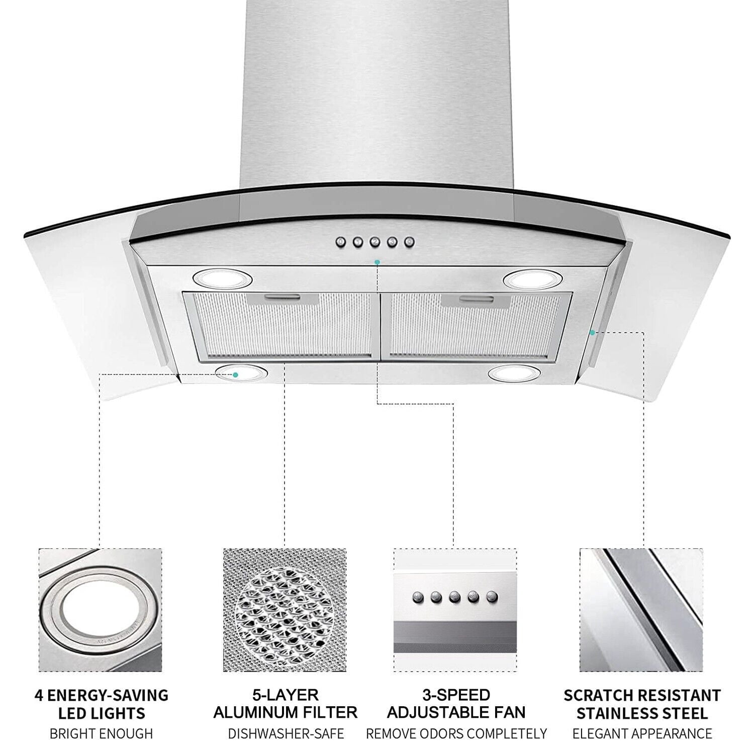 Joeaonz Island Mount Range Hood in Stainless Steel with LED Lights & Easy-Clean Filters, 120V