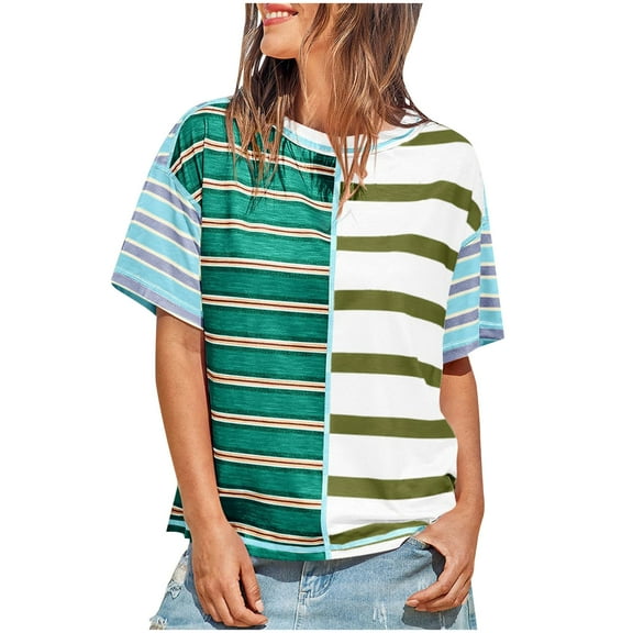 Women's T-Shirts 2025 New Casual Color Blocked Striped Print Shirts Summer Short Sleeve Round Neck Blouses Fashion Loose Dressy Street Pullover Tops