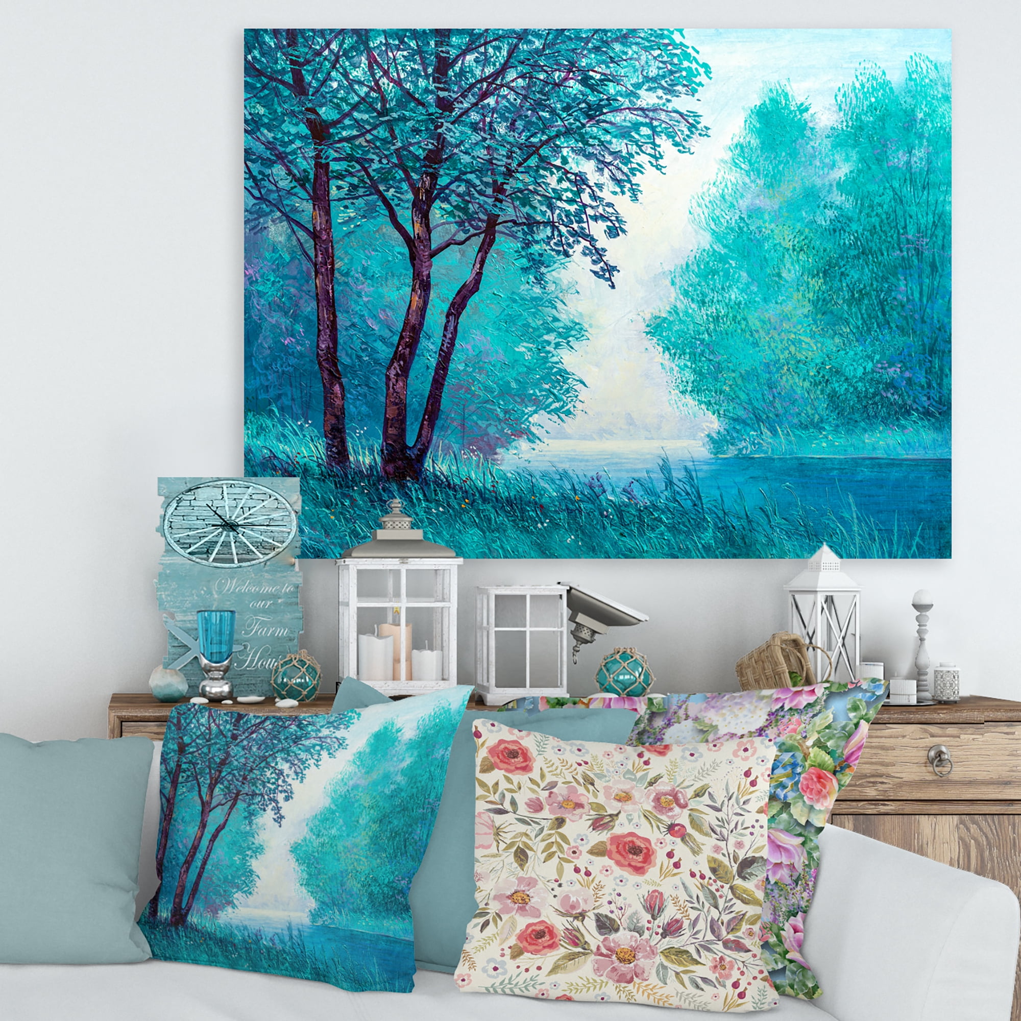 Designart ' Blue Coloured Tree Impression By Riverside ' Lake House Canvas Wall Art Print