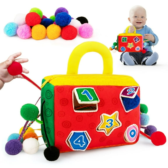 teytoy Montessori Toys for 1 2 Year Old Boy and Girl, Shape Sorter Toys for Babies Toddlers- 2-Sided Activity Bag, Pull String Baby Toys- Different Textures 8 Pull String, Numeric & 20 Cotton Ball