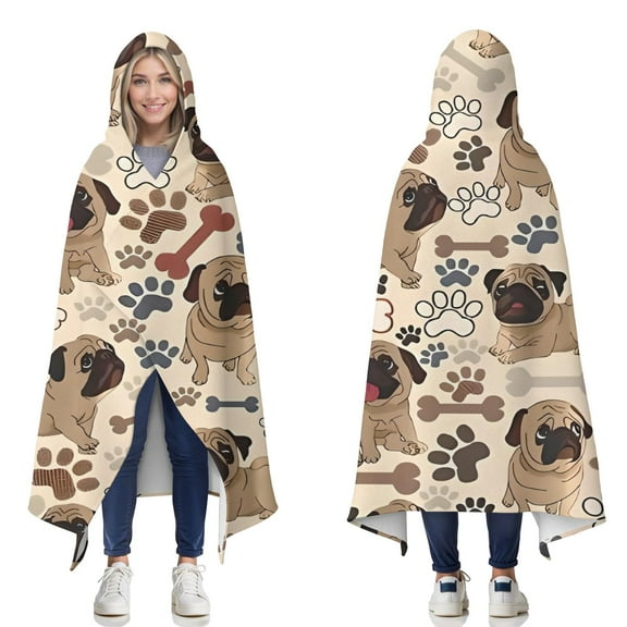 Wearable Blanket,Pug and Footprint Hooded Wearable Flannel Blanket for Adults & Teens,Winter Poncho Shawl Wrap Cape Cozy Anti-Pill,50"x60"