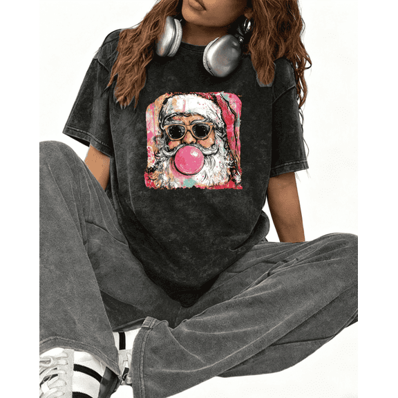 Washed Merry Christmas Graphic Tee T-Shirt Santa Bubble Gum Print Top Short Sleeve Round Neck Black S-2XL Plus Size