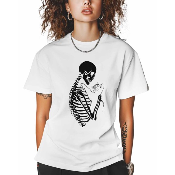 Women's Graphic T-Shirt White 4XL Women's Tops Skeleton Holding A Cat Crew Neck Short Sleeve Shirts for Women