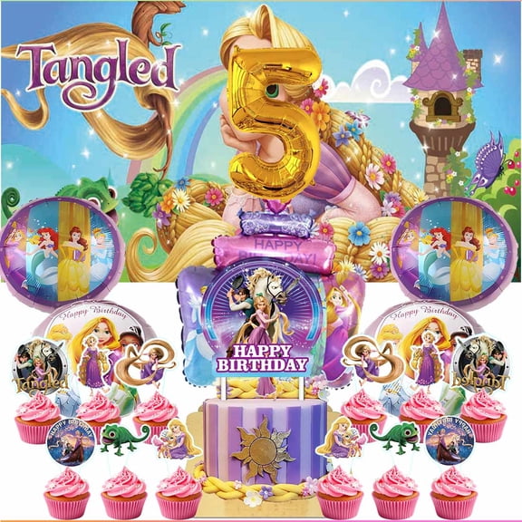 Long Hair Princess Party Supplies Decor 5th Kit Balloons Birthday Cake Topper Banner Backdrop Decorations