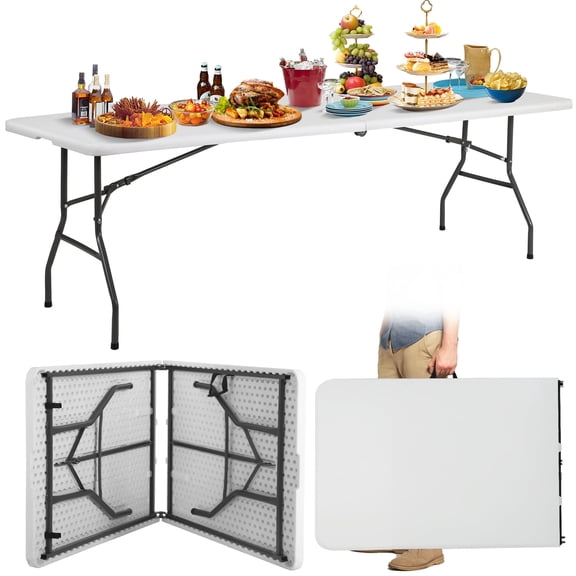 8ft Folding Table with Handle, Party Table Dinning Table Plastic Table for Indoor&Outdoor, 352LBS Weight Capacity, White