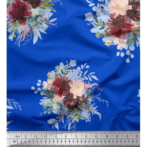Soimoi Blue Georgette Viscose Fabric Leaves & Peony Floral Print Printed Fabric 1 Yard 44 Inch Wide
