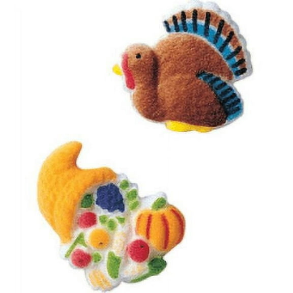 24pk Turkey and Cornucopia Assortment 1 1/2" - 1 5/8" Edible Sugar Decoration Toppers for Cakes Cupcakes Cake Pops w. Edible Sparkle Flakes & Decorating Stickers