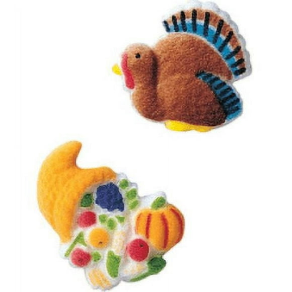 24pk Turkey and Cornucopia Assortment 1 1/2" - 1 5/8" Edible Sugar Decoration Toppers for Cakes Cupcakes Cake Pops w. Edible Sparkle Flakes & Decorating Stickers