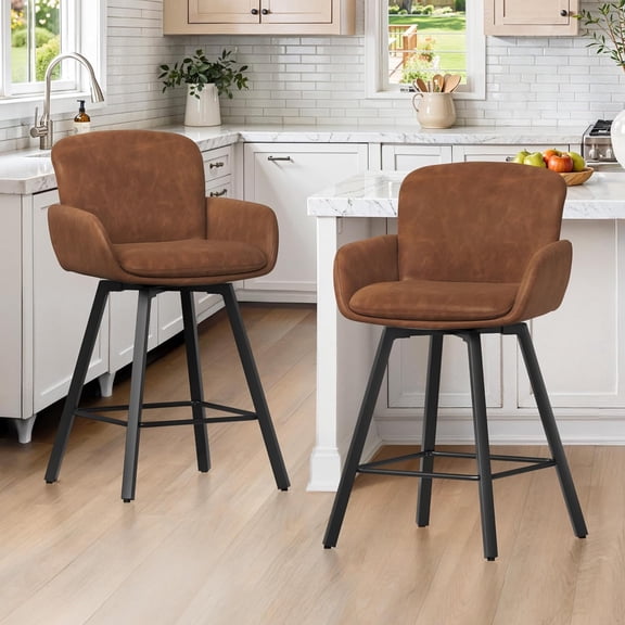 26" Swivel Bar Stools Set of 2, Counter Height Bar Stools with Backrest and Arms, Modern Upholstered Barstools with Metal Legs for Kitchen Island, Brown