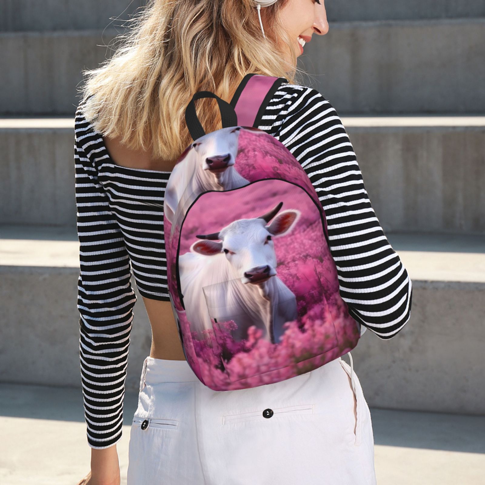 Vsdgher Flower Field Cow Print Canvas Backpack Travel Rucksack Unisex Knapsack 15.7/17.7Inch Laptop Backpack for Work,College -Medium