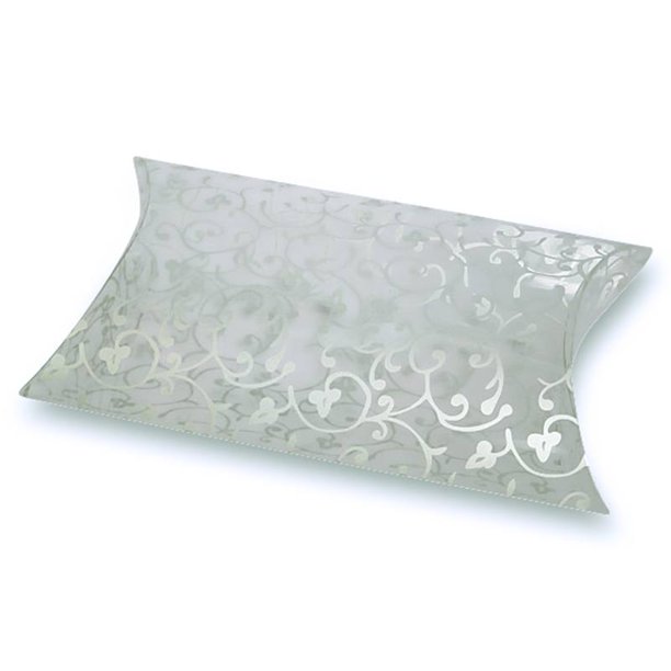 Clear and Silver Flower Plastic Pillow Box Quantity 12 Width 7/8" by