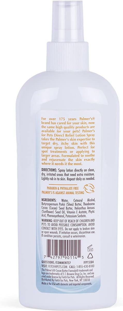 Palmer's For Pets Direct Relief Dog Lotion Spray for Dryness & Itchy Skin with Cocoa Butter 8 oz