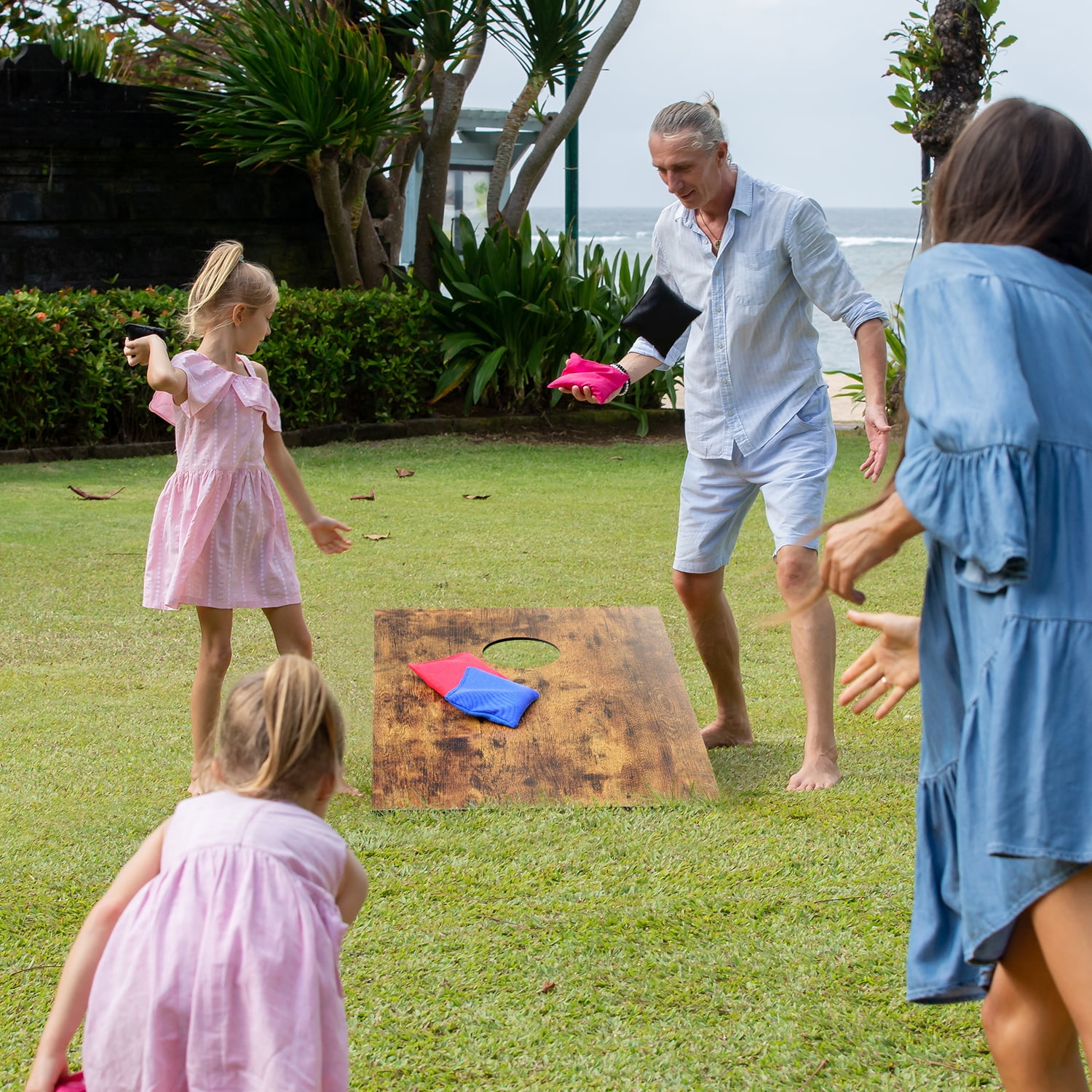 Cometoss Cornhole Set 3'x2' Outdoor Game,Yard Games-Includes 2 MDF Wood Boards 35.4x23.6 Inch,8 12 Ounce Corn Hole Bean Bag Cornhole Set (Burning Wood)