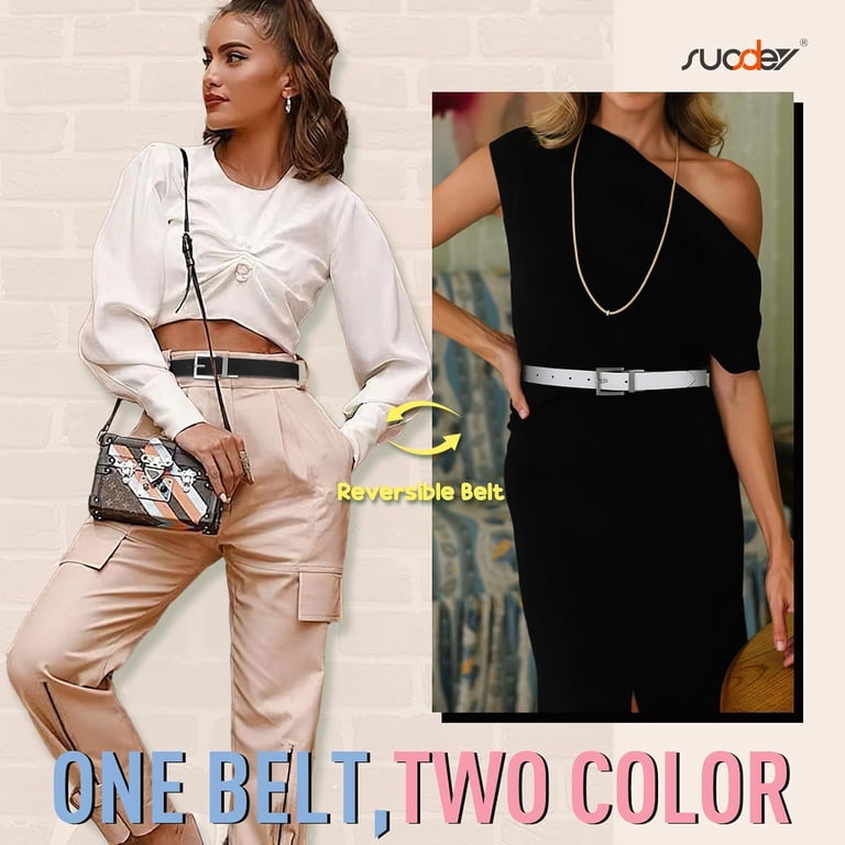 Women Reversible Leather Belt with Rotating Pin Buckle for 