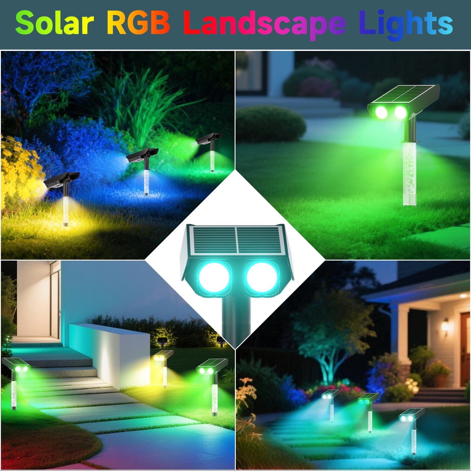 4 Pack RGB Solar Spot Lights : 2 IN 1 Solar Lights Outdoor with 8 Lighting Modes & PC Light Guide Column for Tree Garden Yard Pathway,RGB Color Changing Landscape Lights,IP65 Waterproof