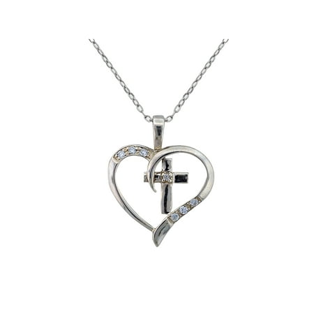 - CZ Sterling Silver Cross Heart Pendant, 18