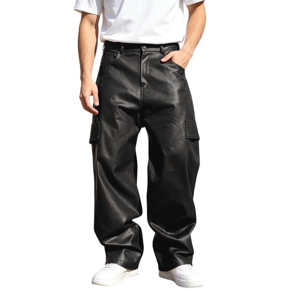 CONZONE Mens Pu Leather Pants Wide Leg Baggy Motorcycle Pants High Waist Fashion Streetwear Fall Winter Trousers with Pocket