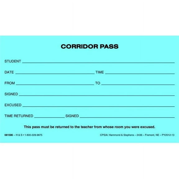 Corridor Pass, 3 x 5 in. - Blue - 100 Sheets per Pad - Pack of 10 Pads