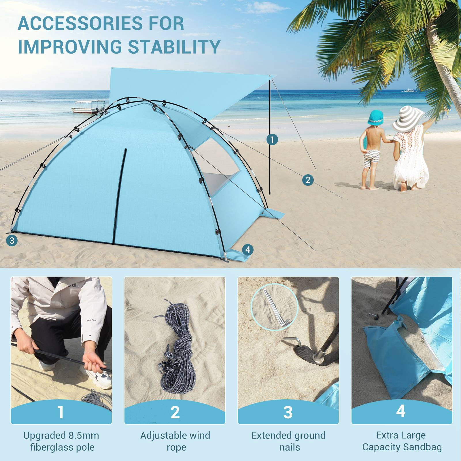 Aship Beach Tent for 4-5 Person, UPF 50+ Sun Shelter with 360° Ventilation & Large Canopy, Easy Setup Waterproof & Portable for Family Camping Hiking Beach Outdoor Adventures