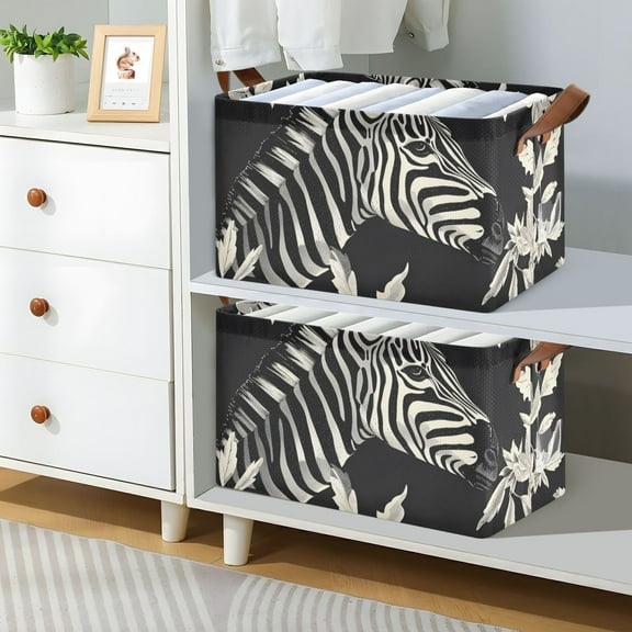 Zebra and Leaves Foldable Storage Large Fabric Storage Baskets Organizer Storage Bins with Handles for Shelves