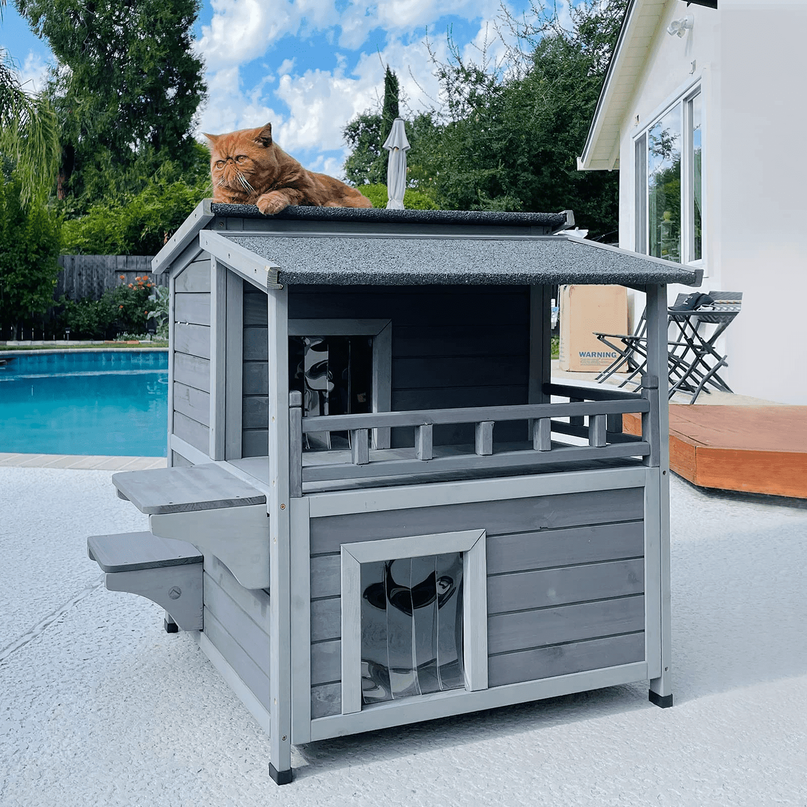 Aivituvin Outdoor Cat House Wooden Winter Weatherproof Feral Cat Shelter with Balcony