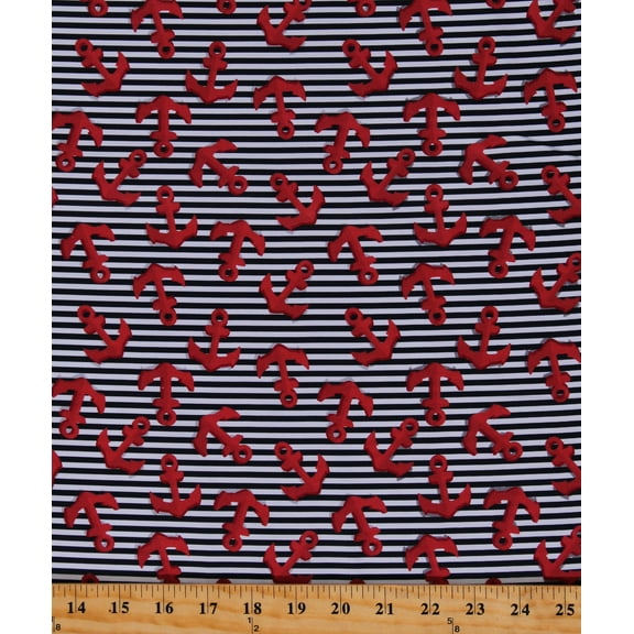 Cotton Anchors on Stripes Patterned Sailing Boats Ships Ocean Nautical on White Black Stripe Cotton Fabric Print by the Yard (114752)