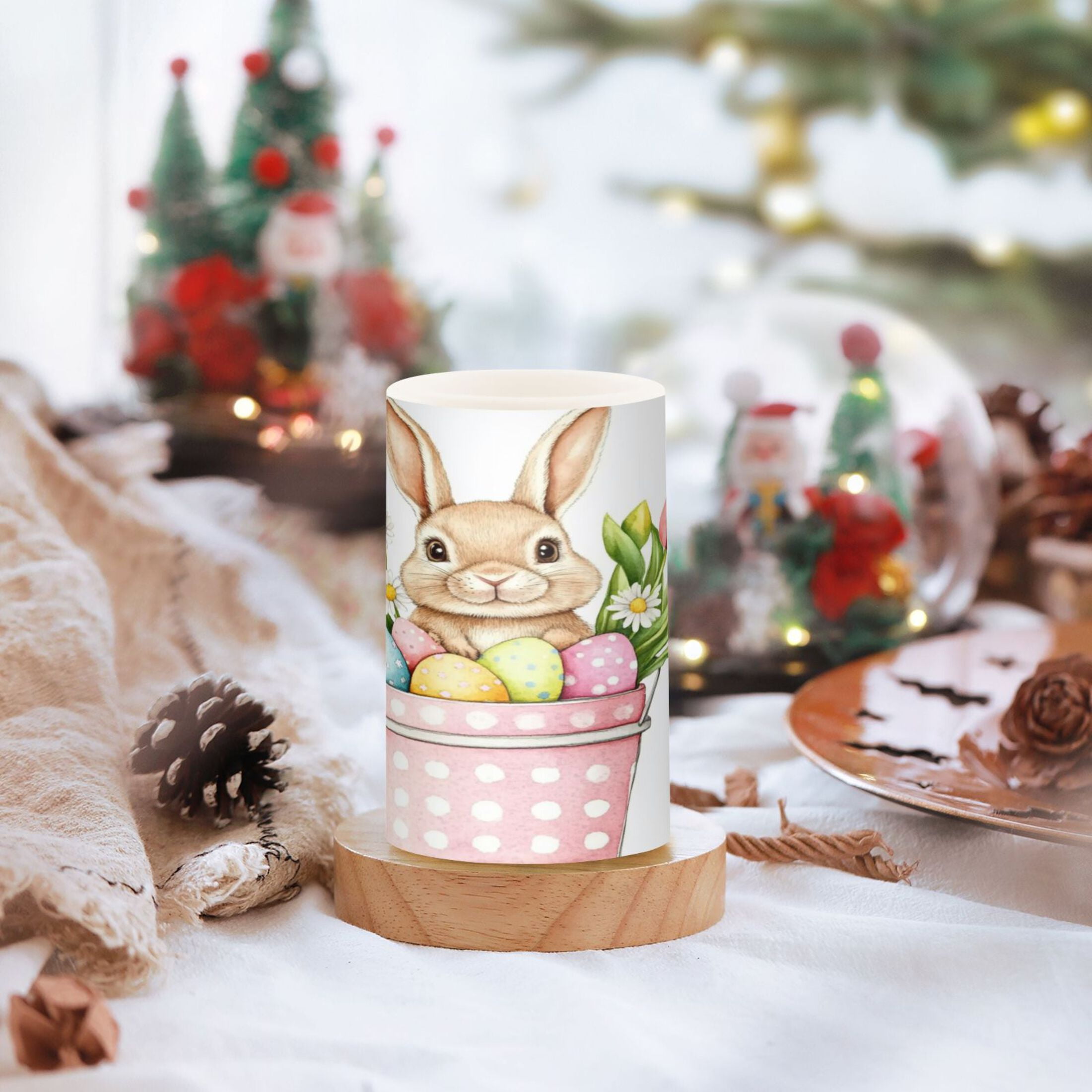 2 PCS Flameless Candles with Remote Timer LED Battery Operated Flickering Candle Light for Wedding Table Home Decoration Gifts Easter Bunny and Bucket