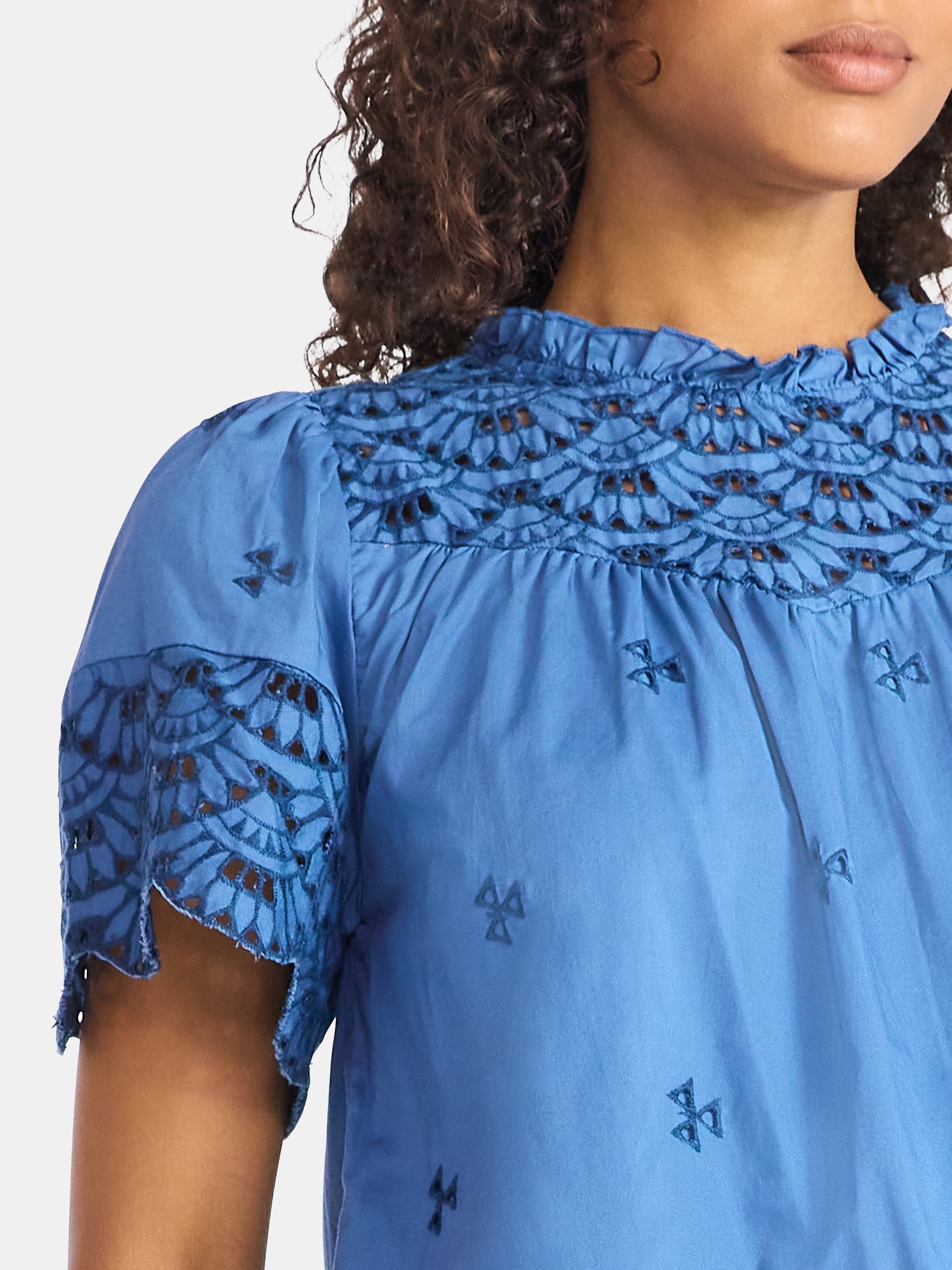 Time and Tru Women's Cotton Eyelet Top with Short Sleeves, Sizes XS-XXXL
