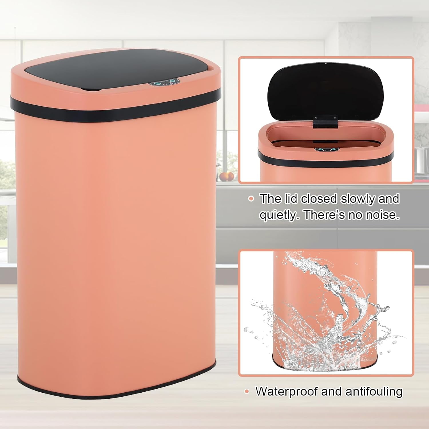 Dkelincs Automatic Trash Can 13 Gallon Touch-Free Stainless Steel Kitchen Garbage Can Waste Bin with Lid, Pink