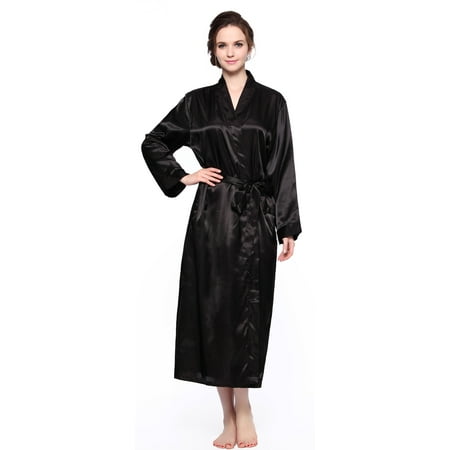 

Marsgoo Women s Long Classic Satin Kimono Lounge Robe(Solid Black Large)