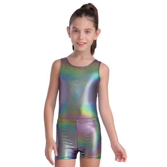 Haitryli Girls Gymnastics Dance Leotards Set Shiny Figure Skating Unitards Sleeveless Bodysuit with Shorts & Hairband for Ballet Black 4-5
