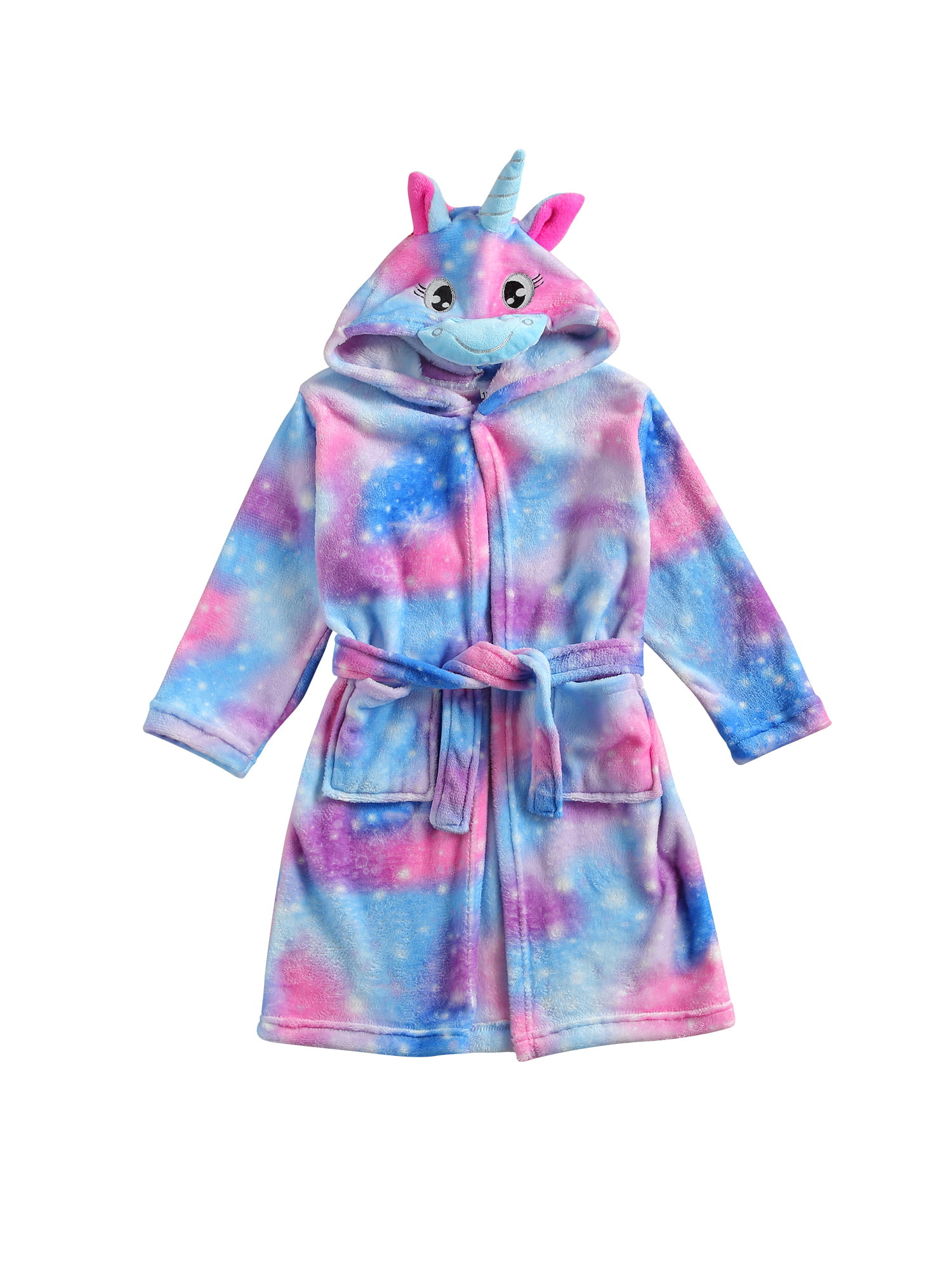 Girls Boys Bathrobe 3D Animal Unicorn Blue Dressing Gown Fleece Night Loungewear