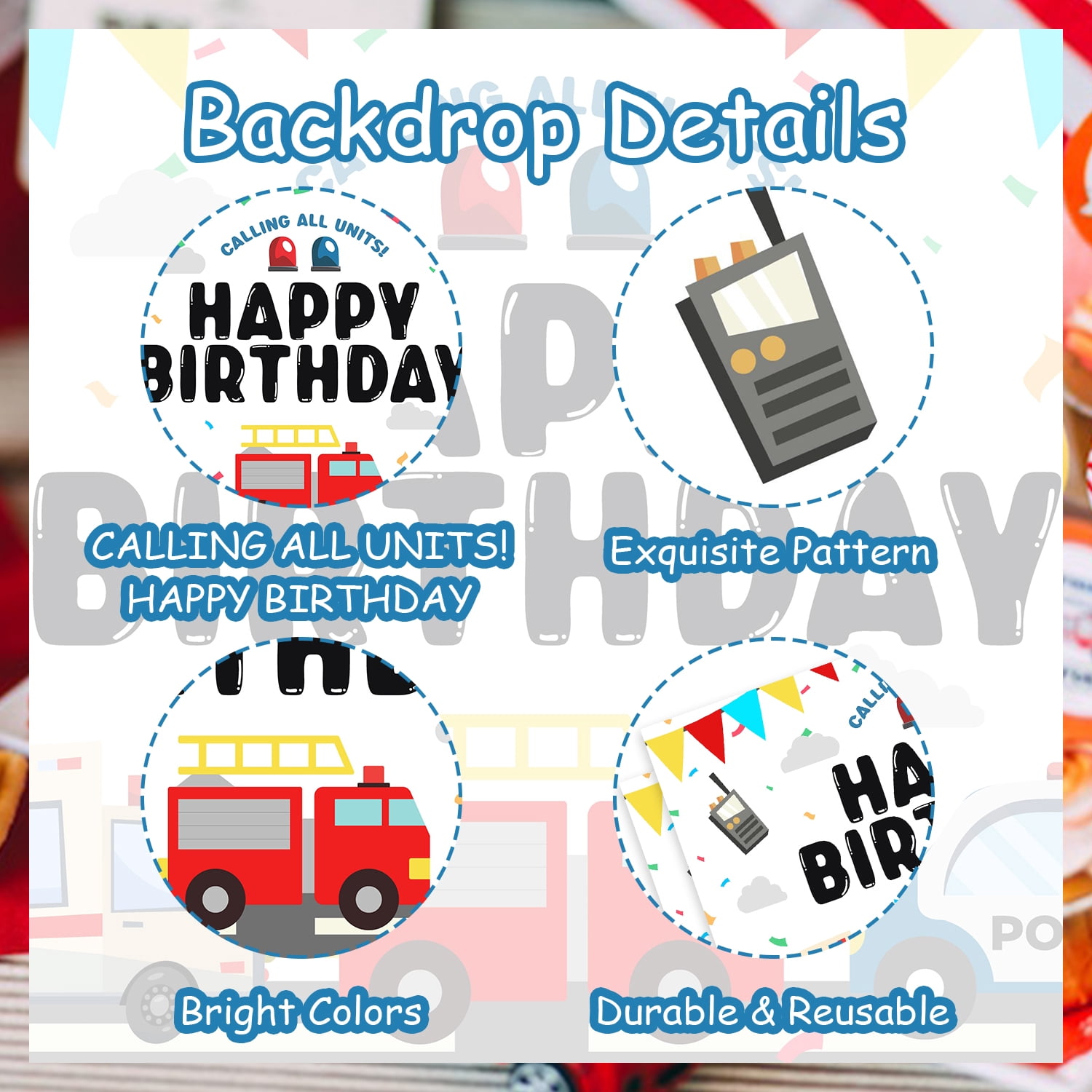 75Pcs First Responders Birthday Party Decor, Emergency Rescue Team Party Decor with Calling All Units Backdrop Blue Red Yellow Balloon Garland Arch Kit for Ambulance Fire Truck Police Party Supplies