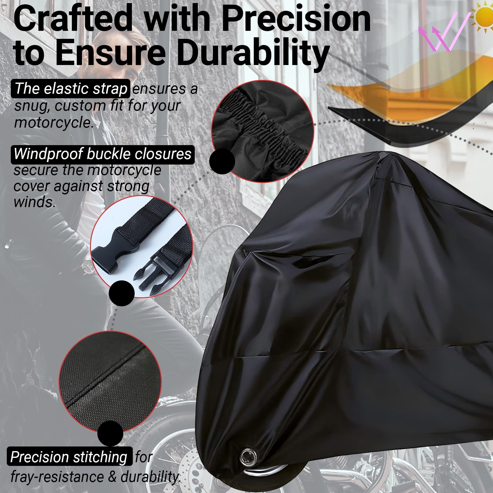 Motorcycle Cover Waterproof Outdoor Universal Heavy Duty Weather Durable Quality Waterproof Sun Outdoor Protection Scooter Shelter Tear Proof Fits up to 104" Motorcycles Bike Vehicle