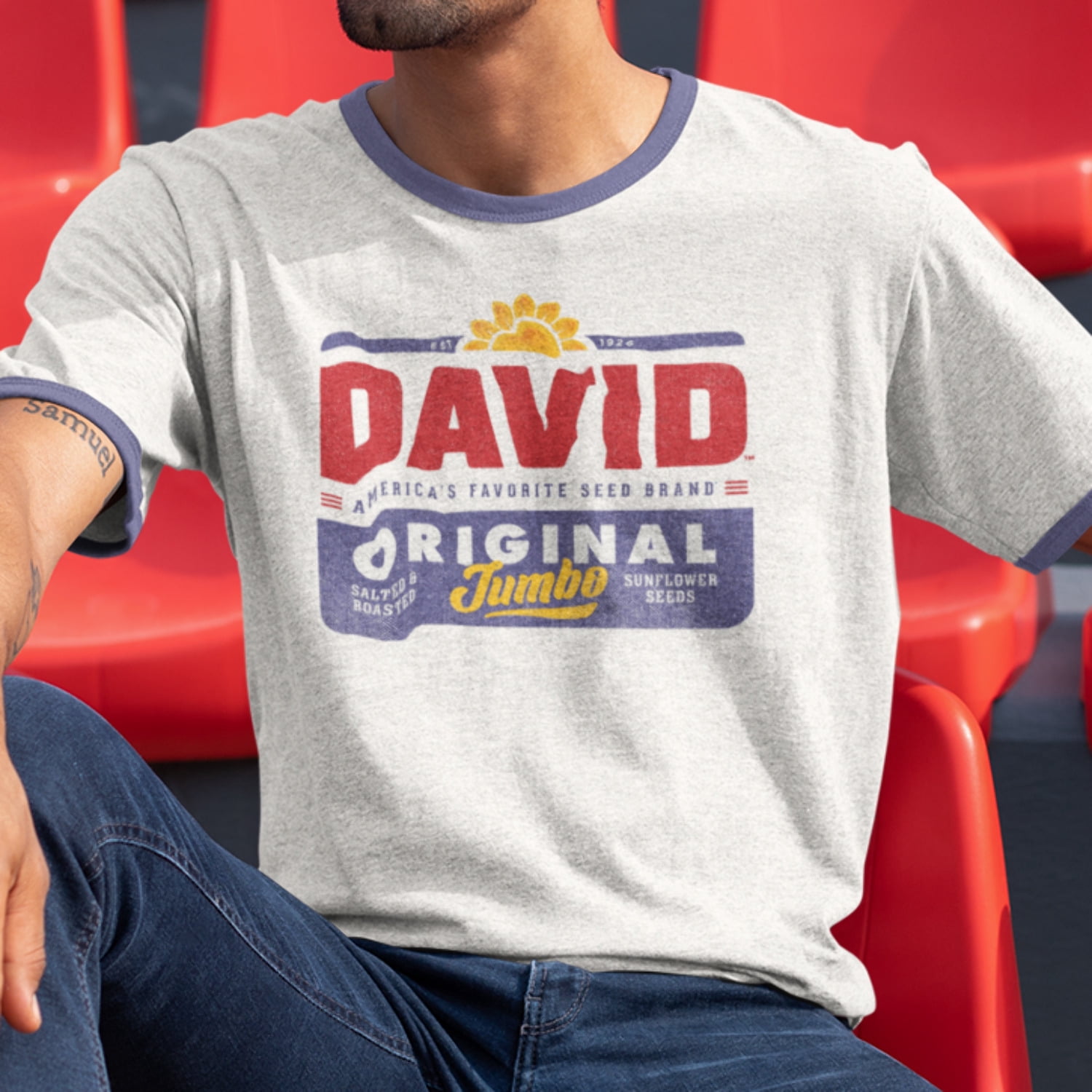 Official DAVID® Sunflower Seeds T-Shirt – Retro Ringer Tee | Vintage Baseball Snack Shirt