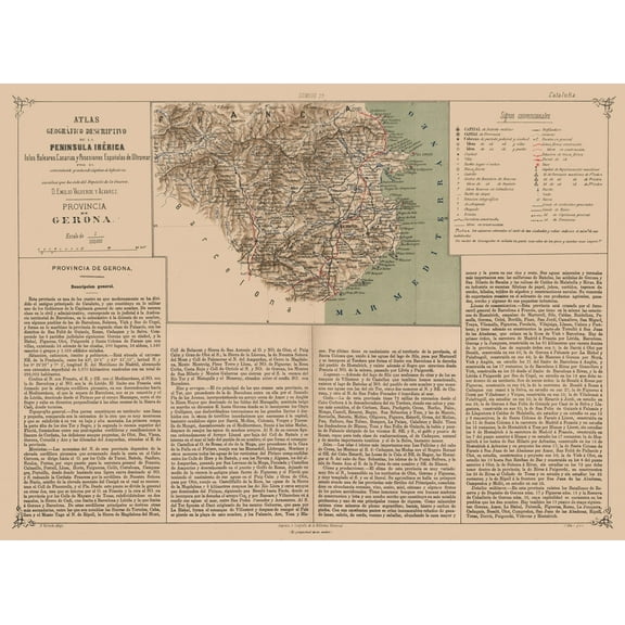 Historic Map - Girona Province Spain - Valverde 1880 - Vintage Wall Art