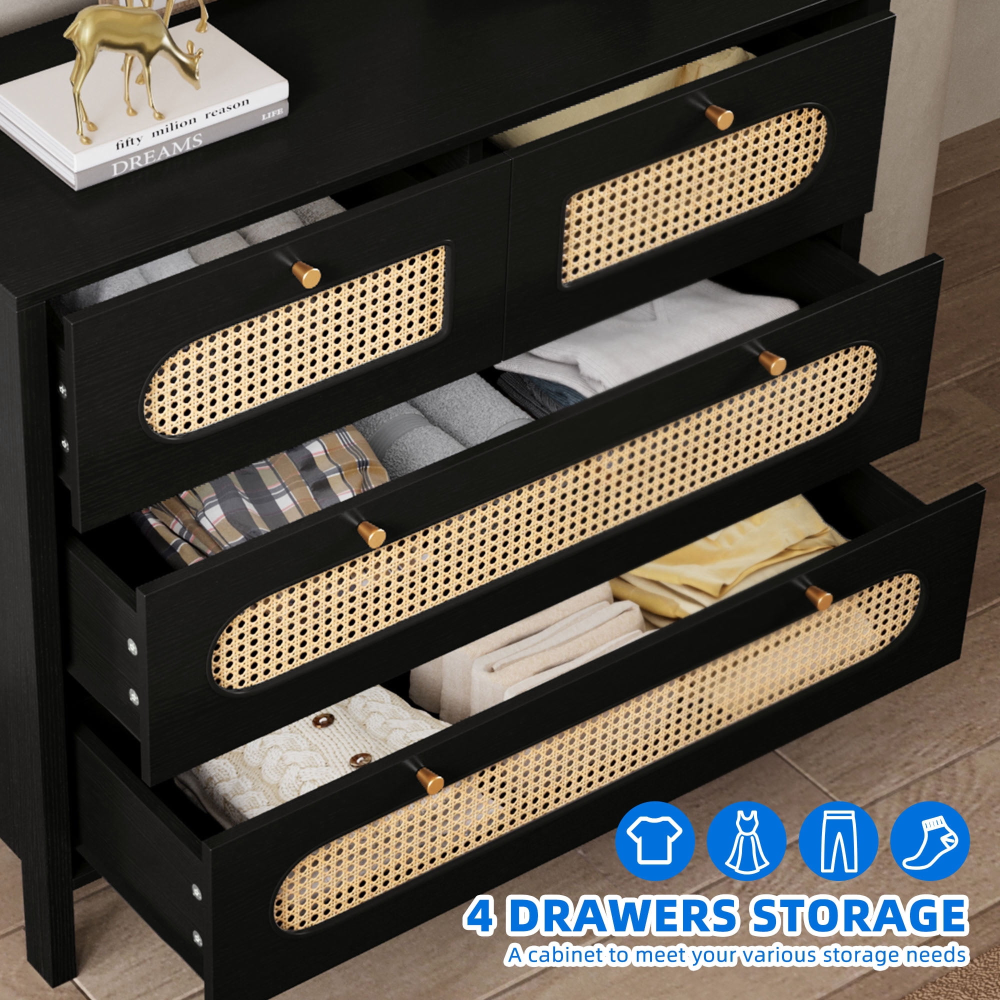 Dextrus 4 Horizontal Drawer Dresser, Wood Storage Cabinet Chest of Drawers, Black Oak