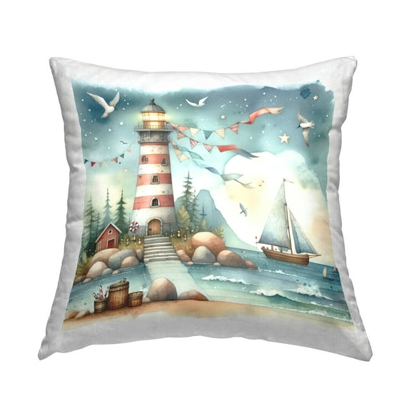 Stupell Industries Whimsical Lighthouse & Birds Decorative Printed Throw Pillow Design by LSR Design Studio.