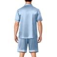 thumbnail image 4 of Premium Soft Satin Silk Set For Men Short Sleeve Button Front Top Loose Shorts Two Piece Loungewear With Pockets Light Blue 2XL, 4 of 6