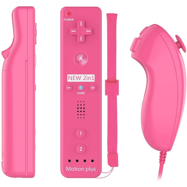 Wii Controller compatible with Nintendo Wii and Wii U, featuring a pink Motion Plus remote and Nunchuck controller. Includes a silicone case and wrist strap for added grip and safety. Ideal for Wii U accessories and gaming controller replacement, designed for seamless gameplay and synchronization with Wii consoles.