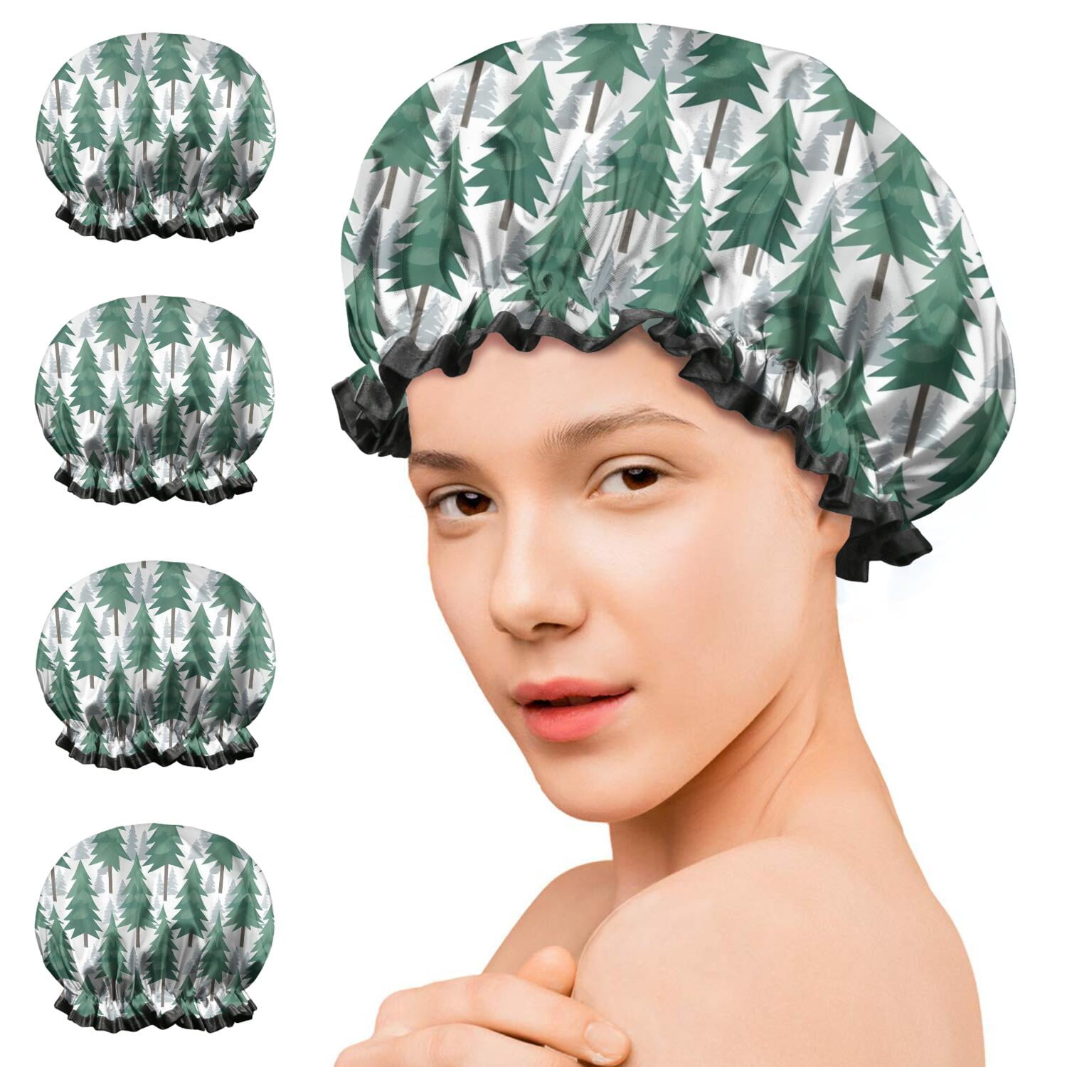 Shower Caps,Green Christmas Tree Pattern Waterproof Shower Cap for Women 4 Pieces,Double Reusable Hair Cover for Shower PEVA Elastic Stretch Hem