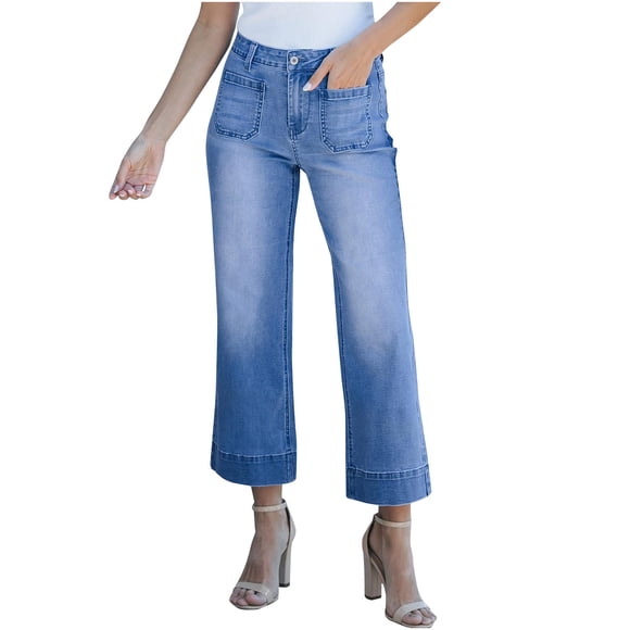 Women's Loose And Slim Wide Leg Straight Leg Pants Casual Solid Color Washed Jeans Cropped Pants(Sky Blue,2XL)