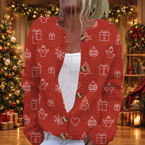 Lumtrix Women Cardigan Sweaters Plus Size Warm Xmas Xmas Pattern Blouses with Button Deep Red M