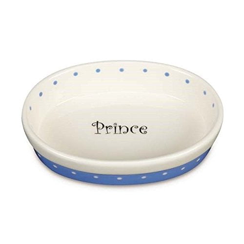 50's Style Ceramic Polka Dot Dishes for Dogs & Cats Prince Princess Food Bowls(5 Inch Blue Round Dog Dish)