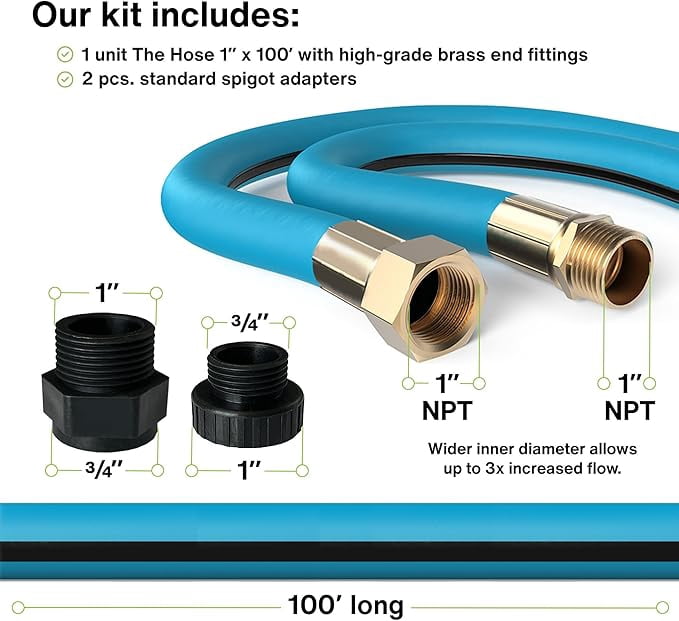 Aeromixer THE HOSE 1 in x 100 ft Heavy Duty Commercial Grade Garden Hose With Brass Accessories